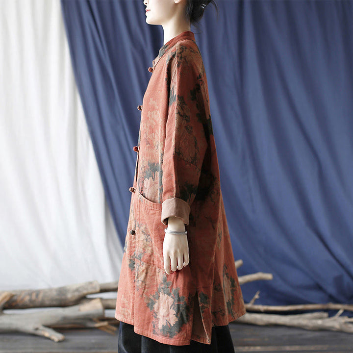 Veste à boutons grenouille et poches, motif pivoine orange Buddha Stones - image 4