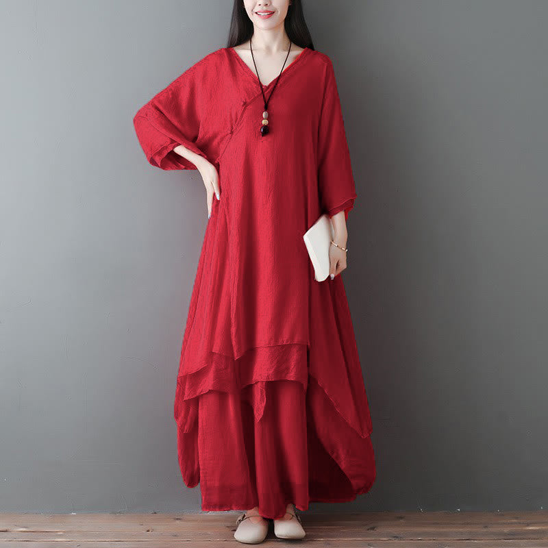 Robe tunique midi à col en V, pantalon large, Buddha Stones , vêtements de méditation, de zen et de danse - Ensemble 2 pièces rouge (robe et pantalon) - US12，UK/AU16，EU44 (2XL) - image 7
