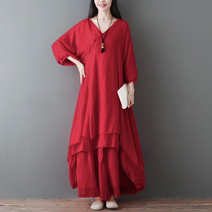 Robe tunique midi à col en V, pantalon large, Buddha Stones , vêtements de méditation, de zen et de danse - Ensemble 2 pièces rouge (robe et pantalon) - US12，UK/AU16，EU44 (2XL) - image 7