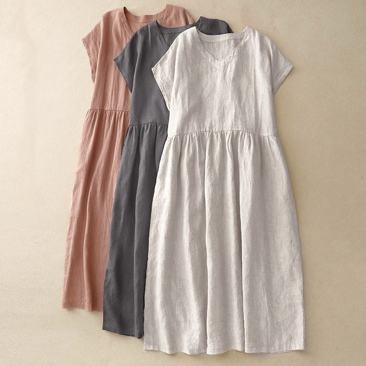 Robe midi à manches courtes, taille haute et poches, style artistique décontracté, couleur unie, design simple, motif Buddha Stones - image 18