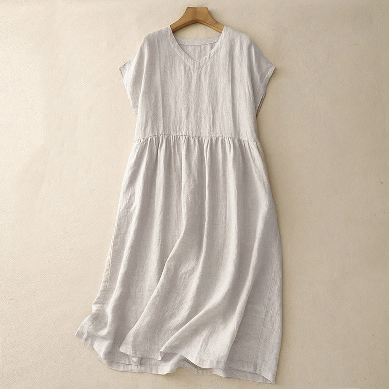 Robe midi à manches courtes, taille haute et poches, style artistique décontracté, couleur unie, design simple et artistique, Buddha Stones. - Lin - US8-10，UK/AU12-14，EU40-42 (2XL) - image 0