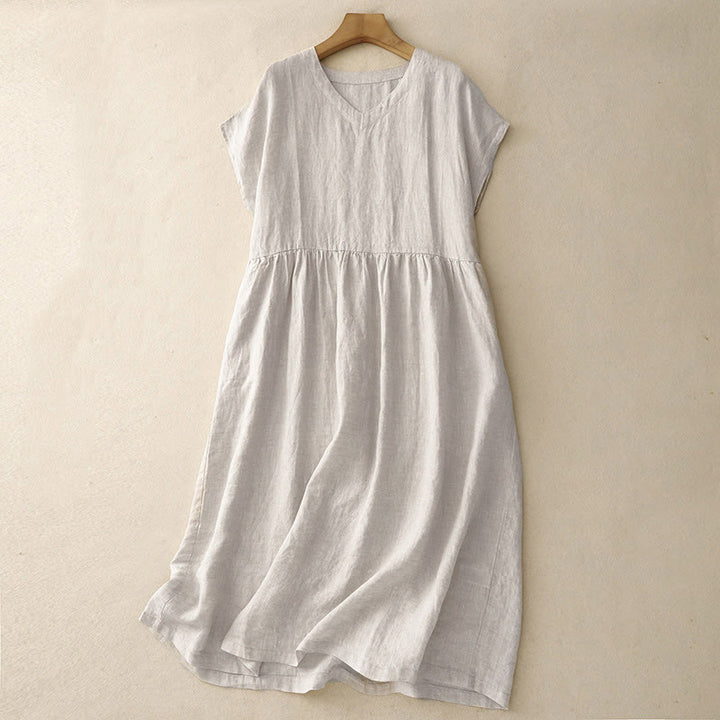 Robe midi à manches courtes, taille haute et poches, style artistique décontracté, couleur unie, design simple et artistique, Buddha Stones. - Lin - US8-10，UK/AU12-14，EU40-42 (2XL) - image 0