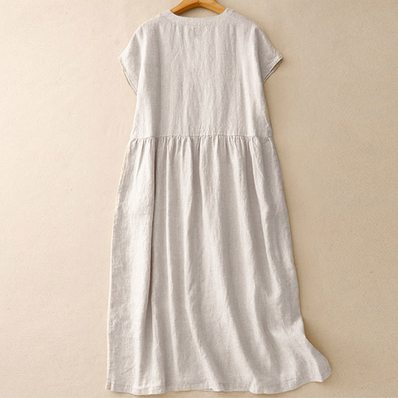 Robe midi à manches courtes, taille haute et poches, style artistique décontracté, couleur unie, design simple, motif Buddha Stones - image 1