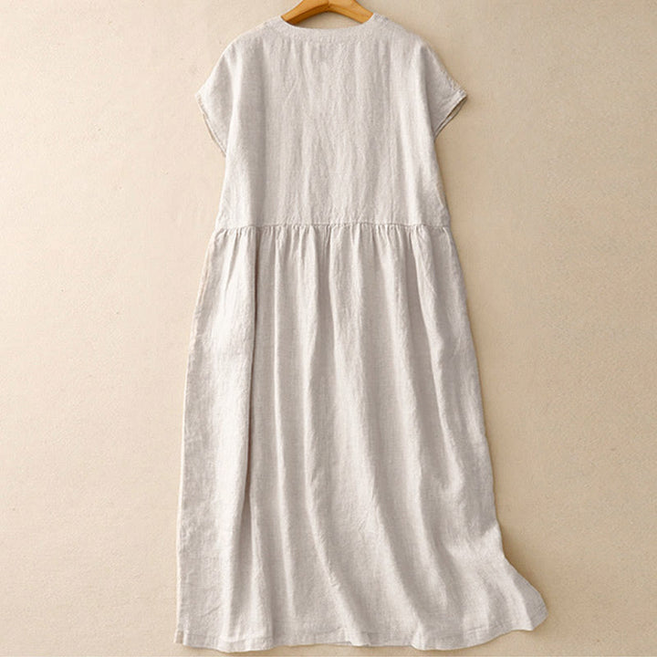 Robe midi à manches courtes, taille haute et poches, style artistique décontracté, couleur unie, design simple, motif Buddha Stones - image 1