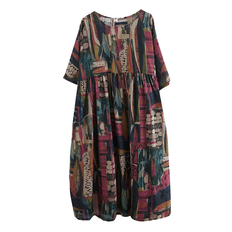 Robe midi tunique à manches courtes et poches, ornée de motifs colorés de Buddha Stones - image 12