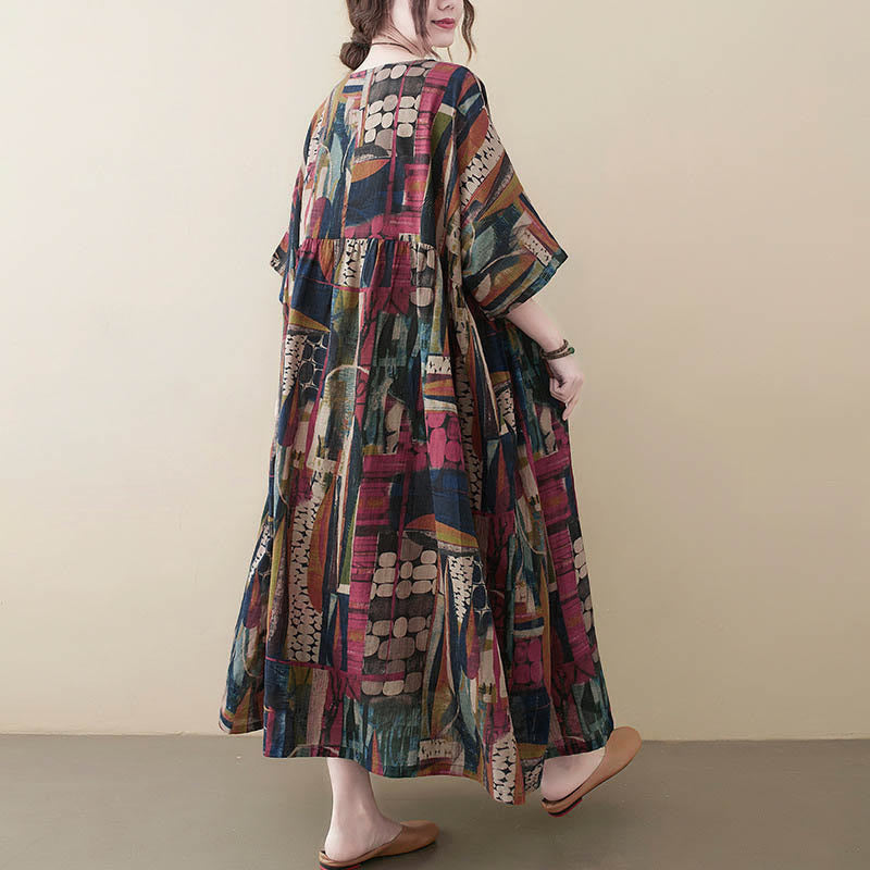 Robe midi tunique à manches courtes et poches, ornée de motifs colorés de Buddha Stones - image 4