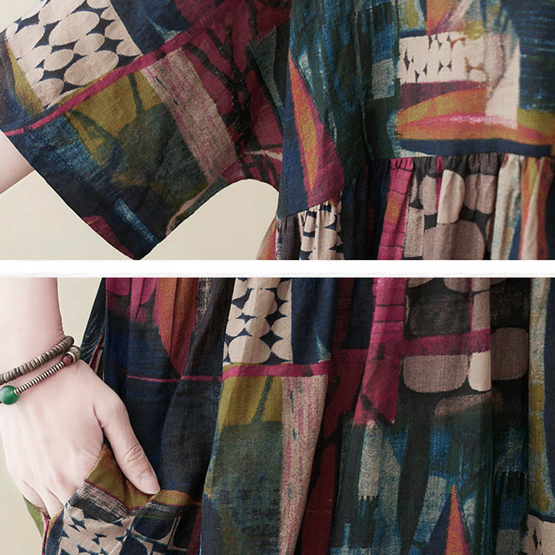 Robe midi tunique à manches courtes et poches, ornée de motifs colorés de Buddha Stones - image 9
