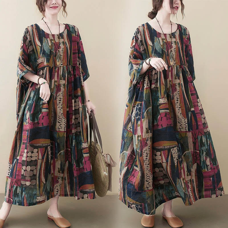 Robe midi tunique à manches courtes et poches, ornée de motifs colorés de Buddha Stones - image 5