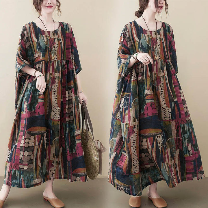 Robe midi tunique à manches courtes et poches, ornée de motifs colorés de Buddha Stones - image 5