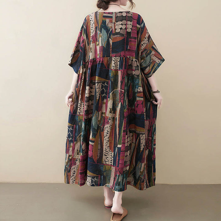 Robe midi tunique à manches courtes et poches, ornée de motifs colorés de Buddha Stones - image 3