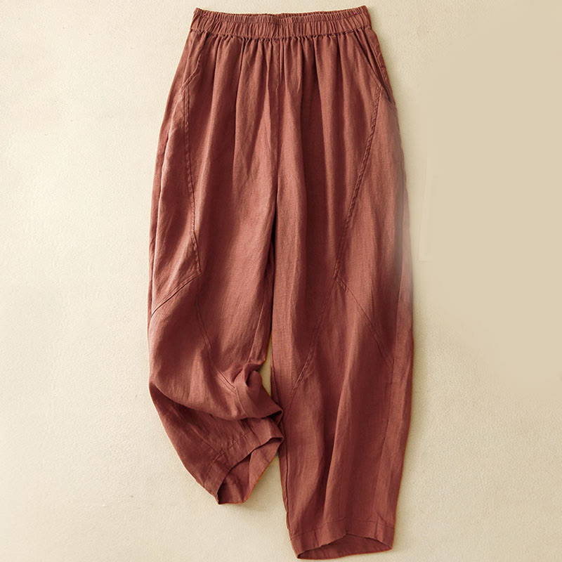 Pantalon court uni décontracté Buddha Stones, pantalon harem en lin pour femme avec poches - Bordeaux - US8-10，UK/AU12-14，EU40-42 (2XL) - image 15