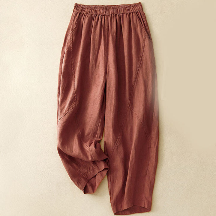 Pantalon court uni décontracté Buddha Stones, pantalon harem en lin pour femme avec poches - Bordeaux - US8-10，UK/AU12-14，EU40-42 (2XL) - image 15