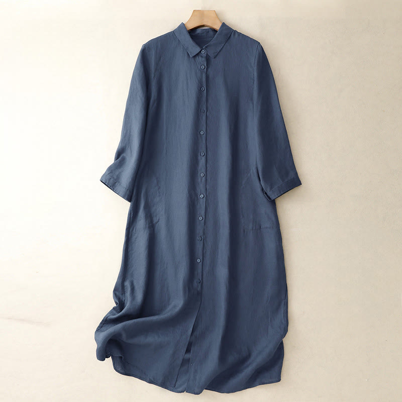 Robe longue à manches longues et poches, ornée de boutons simples et inspirée du Buddha Stones Fall Commute. - Bleu nuit - US8-10，UK/AU12-14，EU40-42 (2XL) - image 1
