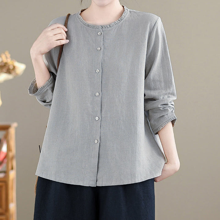 Chemise femme à col rond volanté, couleur unie, avec boutons et motifs de Buddha Stones - image 9