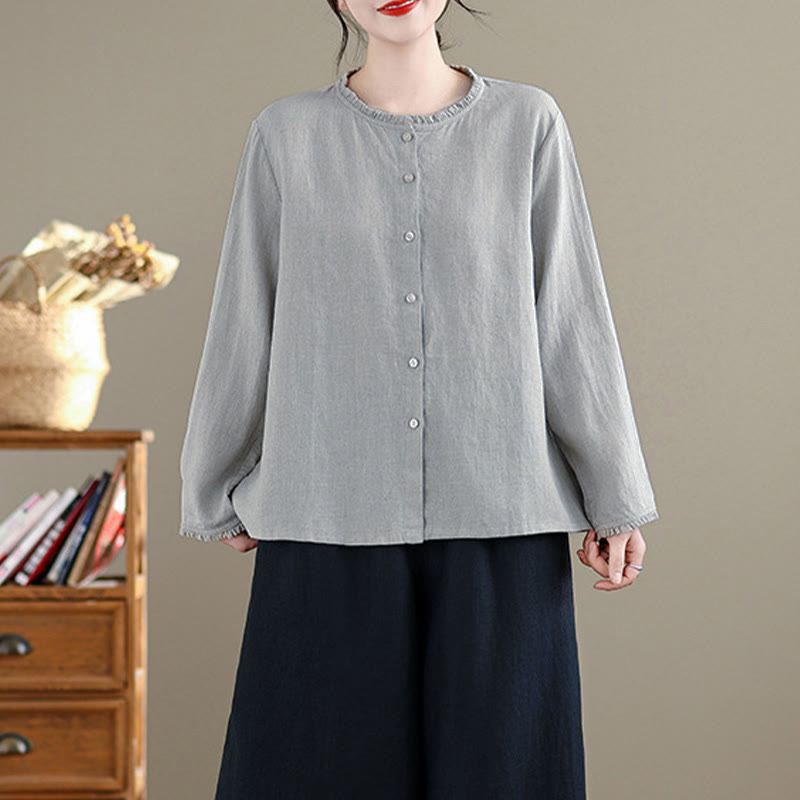 Chemise femme à col rond volanté, couleur unie, avec boutons et motifs de Buddha Stones - image 12