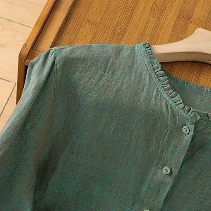 Chemise femme à col rond volanté, couleur unie, avec boutons et motifs de Buddha Stones - image 2