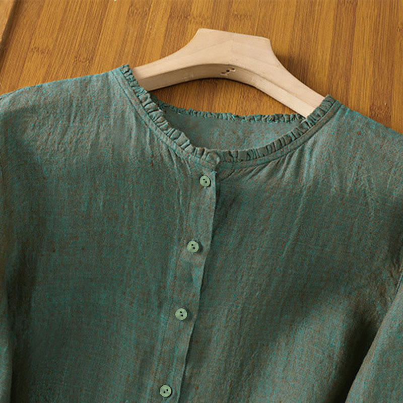 Chemise femme à col rond volanté, couleur unie, avec boutons et motifs de Buddha Stones - image 1
