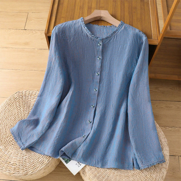 Chemise femme à col rond volanté, couleur unie, avec boutons et motifs de Buddha Stones - Bleuet - US14，UK/AU18，EU46 (2XL) - image 16