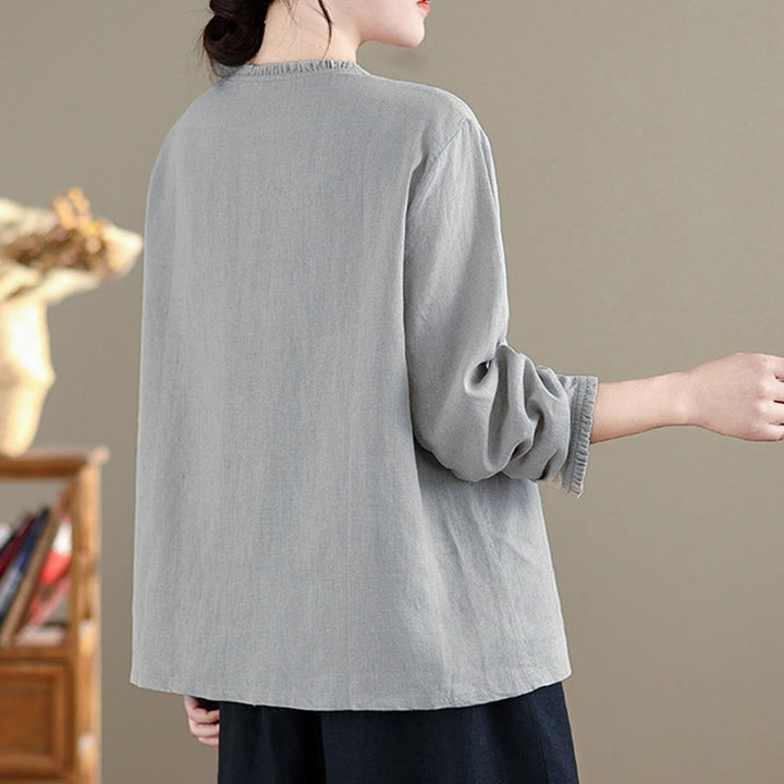 Chemise femme à col rond volanté, couleur unie, avec boutons et motifs de Buddha Stones - image 8