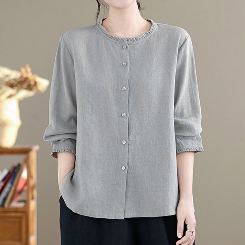 Chemise femme à col rond volanté, couleur unie, avec boutons et motifs de Buddha Stones - image 6