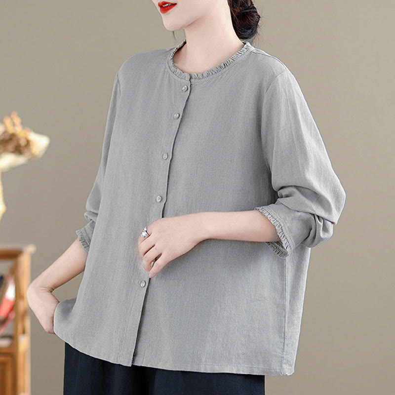 Chemise femme à col rond volanté, couleur unie, avec boutons et motifs de Buddha Stones - image 11