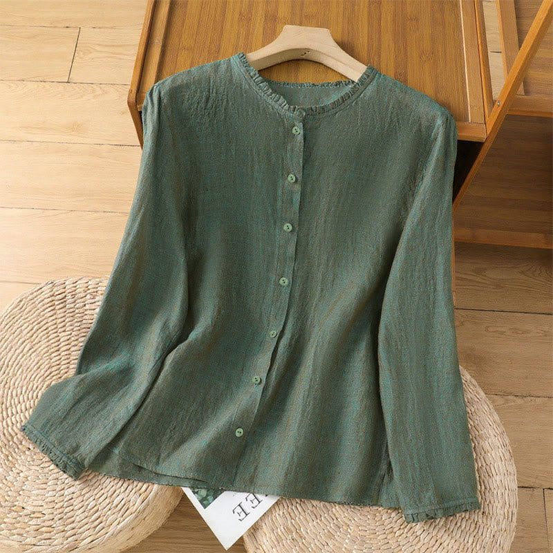 Chemise femme à col rond volanté, couleur unie, avec boutons et motifs de Buddha Stones - Vert d'eau - US14，UK/AU18，EU46 (2XL) - image 0