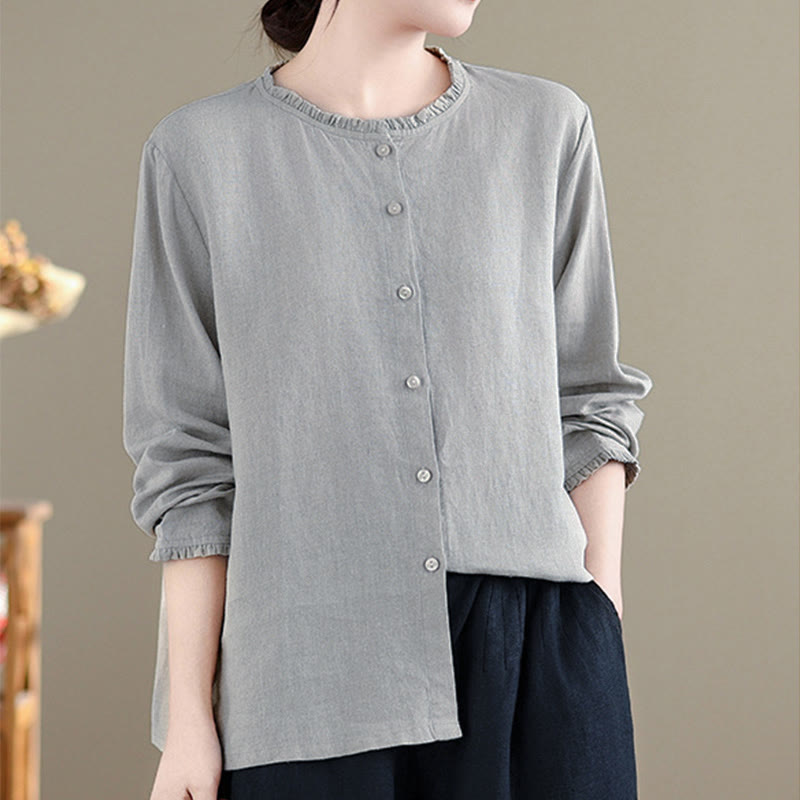 Chemise femme à col rond volanté, couleur unie, avec boutons et motifs de Buddha Stones - image 7