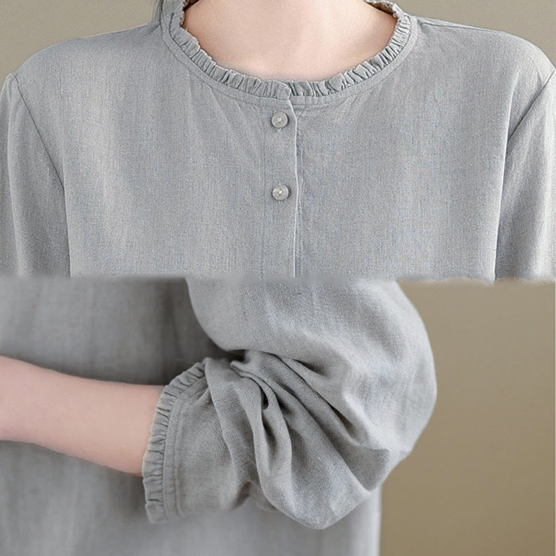 Chemise femme à col rond volanté, couleur unie, avec boutons et motifs de Buddha Stones - image 15