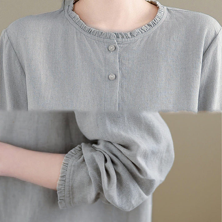 Chemise femme à col rond volanté, couleur unie, avec boutons et motifs de Buddha Stones - image 15