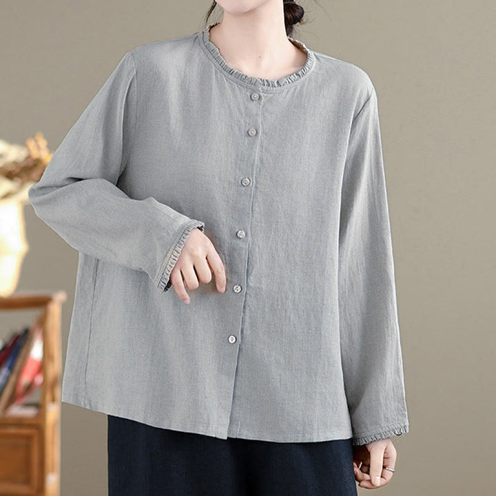 Chemise femme à col rond volanté, couleur unie, avec boutons et motifs de Buddha Stones - image 10