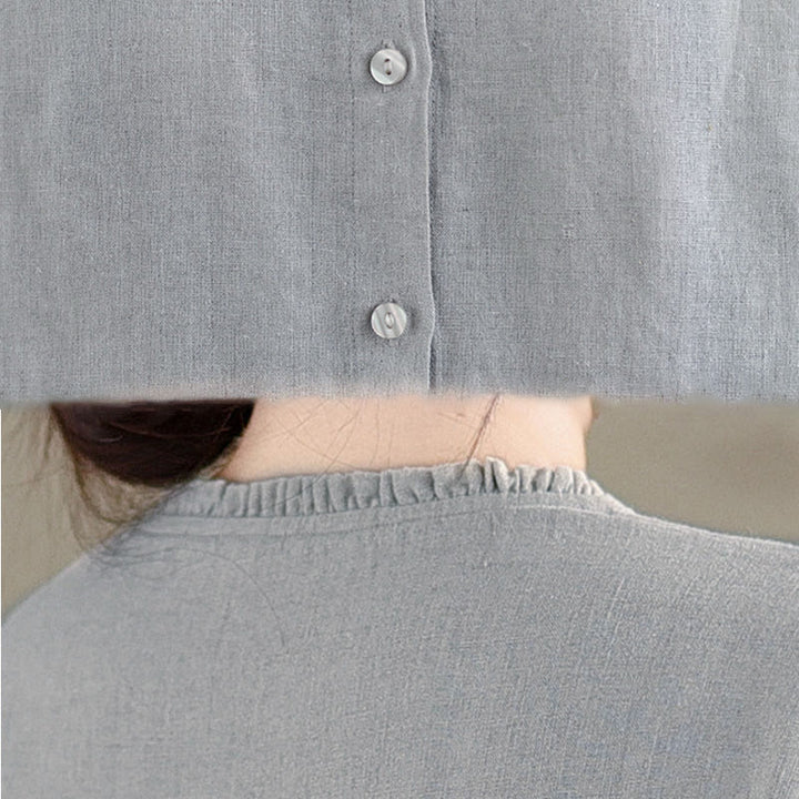 Chemise femme à col rond volanté, couleur unie, avec boutons et motifs de Buddha Stones - image 14