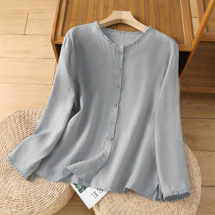 Chemise femme à col rond volanté, couleur unie, avec boutons et motifs de Buddha Stones - Argent - US14，UK/AU18，EU46 (2XL) - image 5