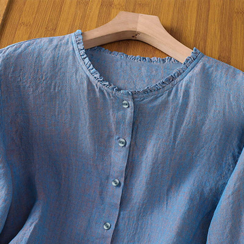 Chemise femme à col rond volanté, couleur unie, avec boutons et motifs de Buddha Stones - image 17