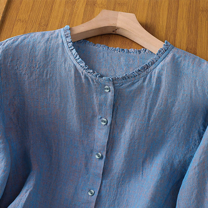 Chemise femme à col rond volanté, couleur unie, avec boutons et motifs de Buddha Stones - image 17