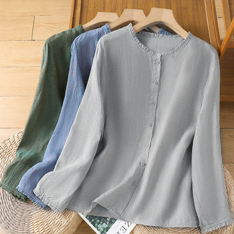 Chemise femme à col rond volanté, couleur unie, avec boutons et motifs de Buddha Stones - image 19