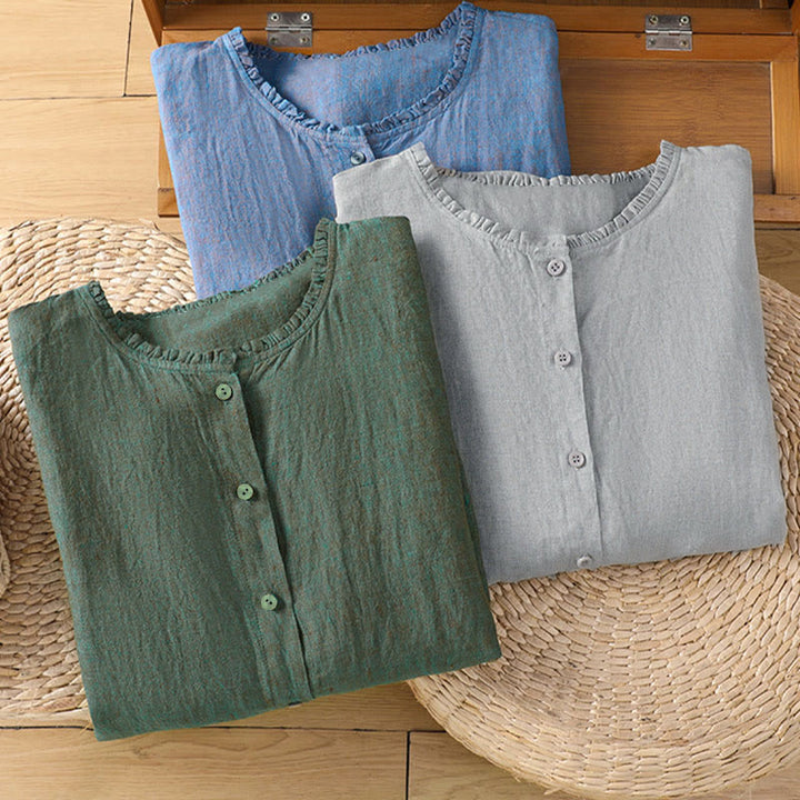 Chemise femme à col rond volanté, couleur unie, avec boutons et motifs de Buddha Stones - image 20