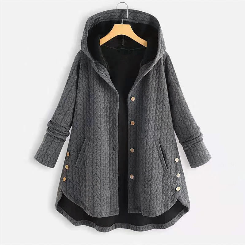 Manteau mi-long à capuche et poches pour femme, orné d'un motif d'épis de blé d'automne et de Buddha Stones - Gris - US22，UK/AU26，EU54 (8XL) - image 0