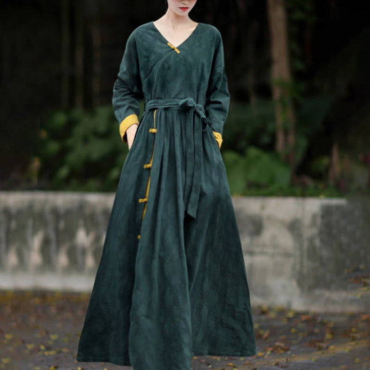 Robe midi en coton uni à manches longues, col en V et poches, ornée de boutons grenouille, Buddha Stones - Vert foncé - US8-10，UK/AU12-14，EU40-42 (2XL) - image 0