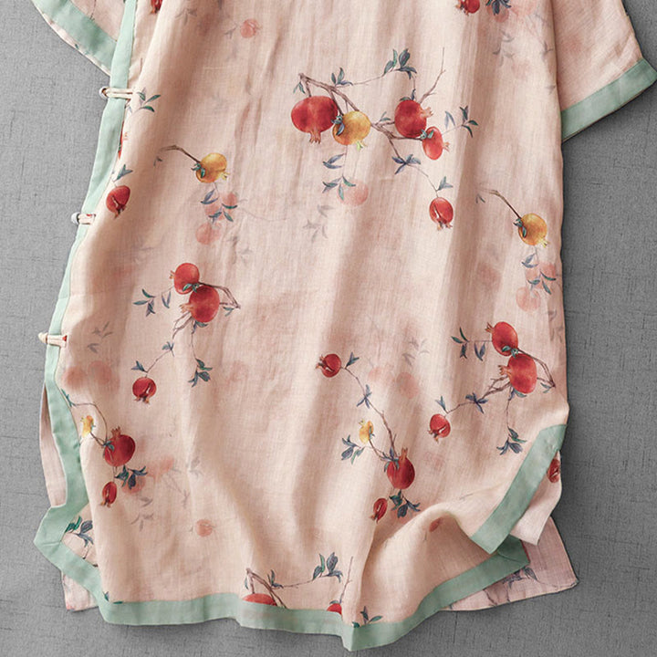 Robe midi à manches courtes et fente latérale, ornée de Buddha Stones, de boutons grenouilles, d'orchidées et de fleurs de grenade. - image 4