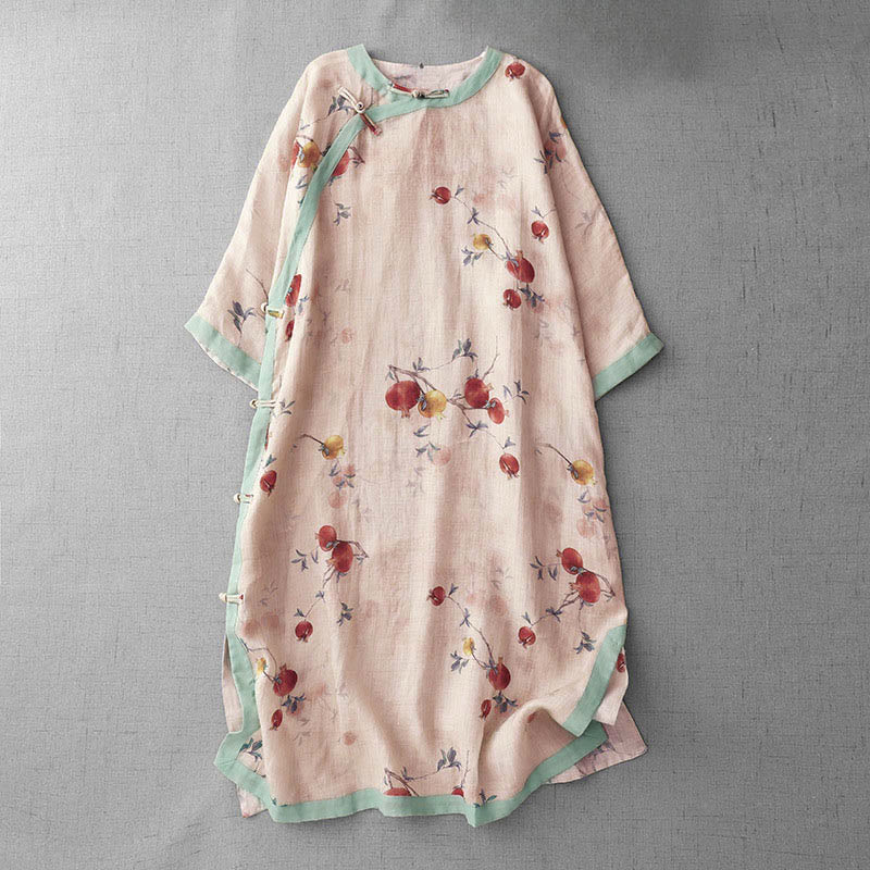 Robe midi à manches courtes et fente latérale, ornée de Buddha Stones, de boutons grenouilles, d'orchidées et de fleurs de grenade. - PeachPuff - US12，UK/AU16，EU44 (2XL) - image 1