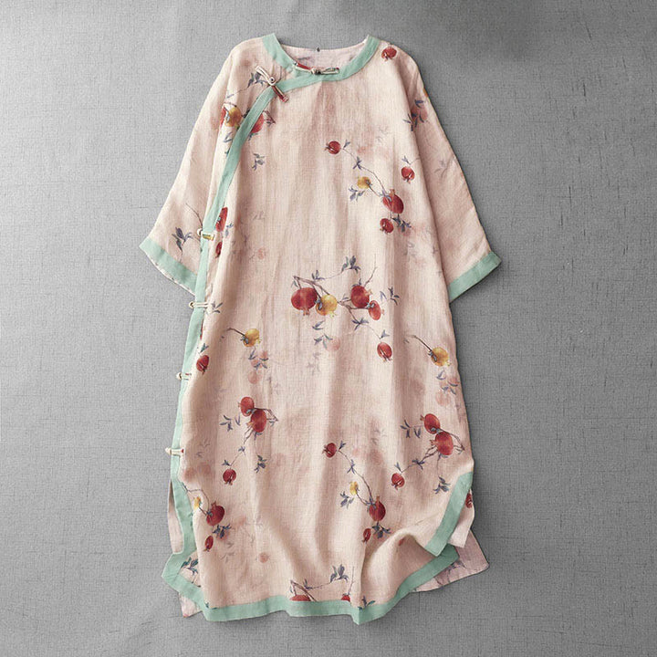 Robe midi à manches courtes et fente latérale, ornée de Buddha Stones, de boutons grenouilles, d'orchidées et de fleurs de grenade. - PeachPuff - US12，UK/AU16，EU44 (2XL) - image 1