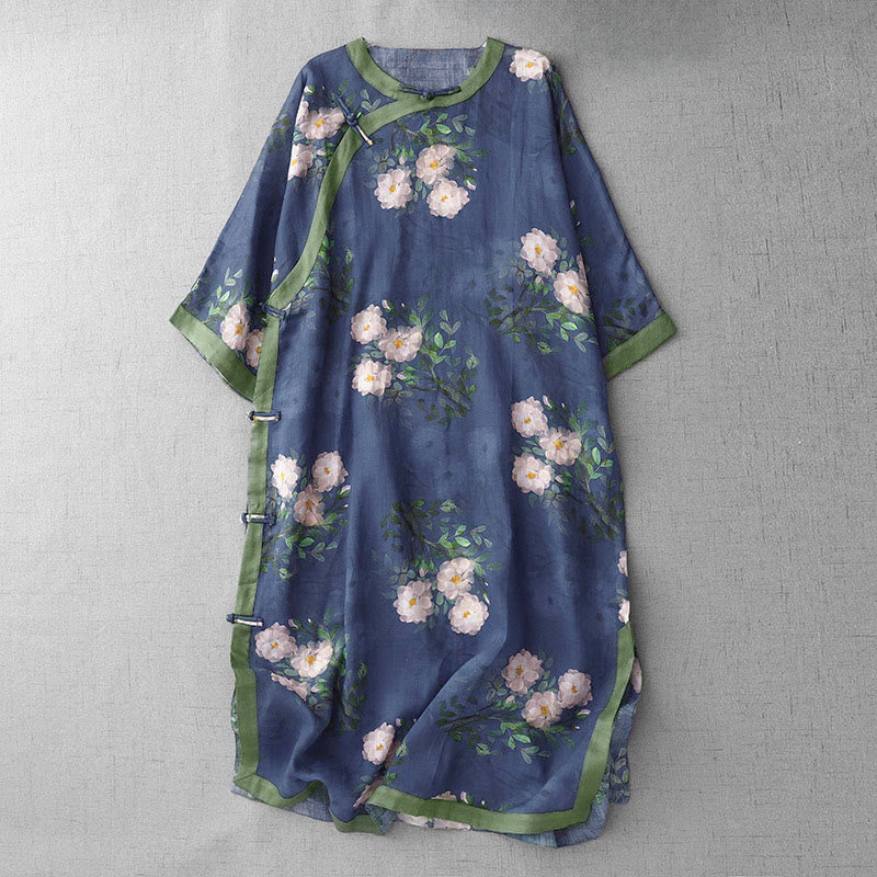 Robe midi à manches courtes et fente latérale, ornée de Buddha Stones, de boutons grenouilles, d'orchidées et de fleurs de grenade. - Bleu foncé - US12，UK/AU16，EU44 (2XL) - image 13