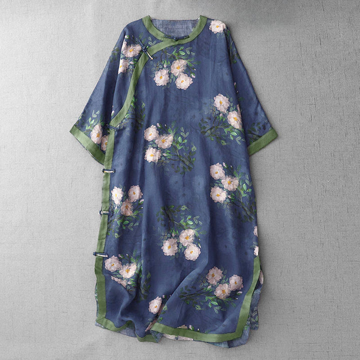 Robe midi à manches courtes et fente latérale, ornée de Buddha Stones, de boutons grenouilles, d'orchidées et de fleurs de grenade. - Bleu foncé - US12，UK/AU16，EU44 (2XL) - image 13