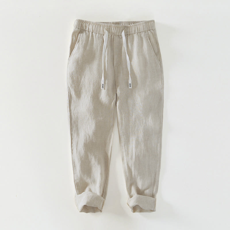 Pantalon en lin pour homme, longueur cheville, avec poches, taille élastique et cordon de serrage, motif Buddha Stones Fall - Beige - US/UK/AU44，EU54 (4XL) - image 0