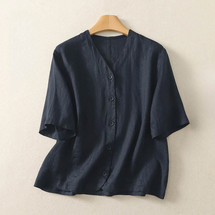 Chemise à manches courtes pour femme, couleur unie, col en V, boutons, design simple , Buddha Stones - Bleu nuit - US8-10，UK/AU12-14，EU40-42 (2XL) - image 14