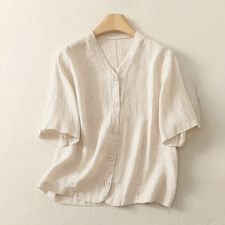 Chemise à manches courtes pour femme, couleur unie, col en V, boutons, design simple , Buddha Stones - PapayaWhip - US8-10，UK/AU12-14，EU40-42 (2XL) - image 4