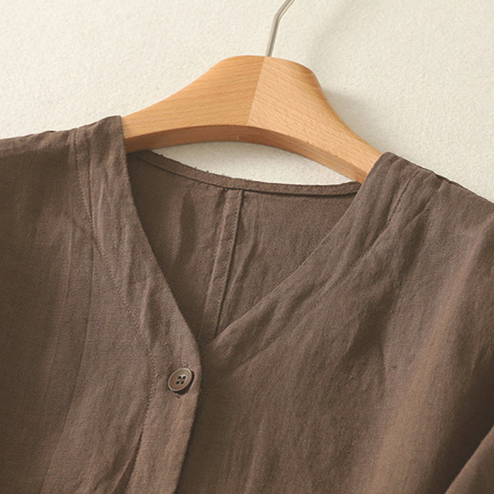 Chemise à manches courtes pour femme, couleur unie, col en V, boutons, design simple , Buddha Stones - image 19