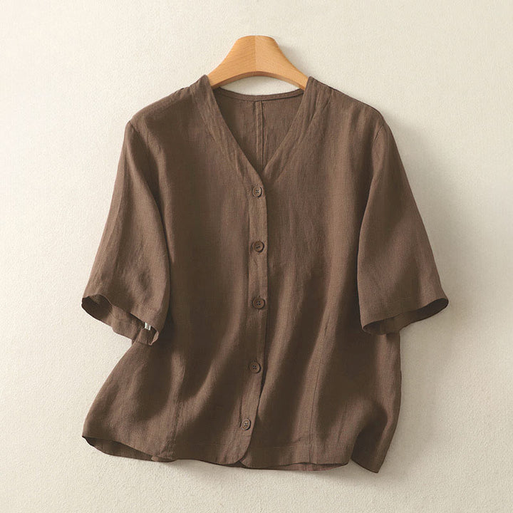 Chemise à manches courtes pour femme, couleur unie, col en V, boutons, design simple , Buddha Stones - SaddleBrown - US8-10，UK/AU12-14，EU40-42 (2XL) - image 18