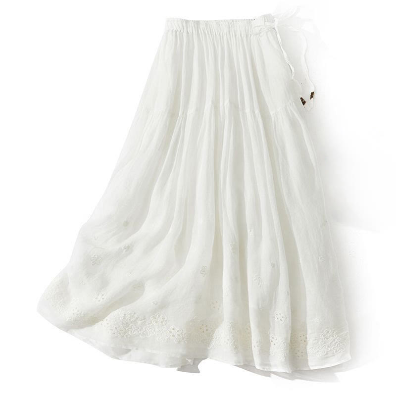 Jupe femme trapèze à taille haute, ornée de broderies de Buddha Stones et de motifs ajourés, avec cordon de serrage et poches. - Blanc - US8-10，UK/AU12-14，EU40-42 (2XL) - image 8