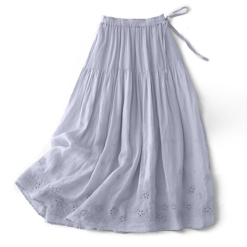 Jupe femme trapèze à taille haute, ornée de broderies de Buddha Stones et de motifs ajourés, avec cordon de serrage et poches. - Bleu clair - US8-10，UK/AU12-14，EU40-42 (2XL) - image 0